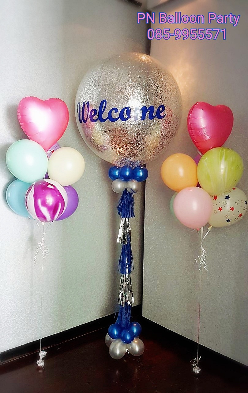ลูกโป่งกริตเตอร์สีเงิน welcome ขนาด 36 นิ้วพร้อมช่อลูกโป่ง
