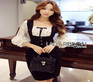 Lady Ribbon White Polkadot Dress เดรสเอี๊ยมสีขาว