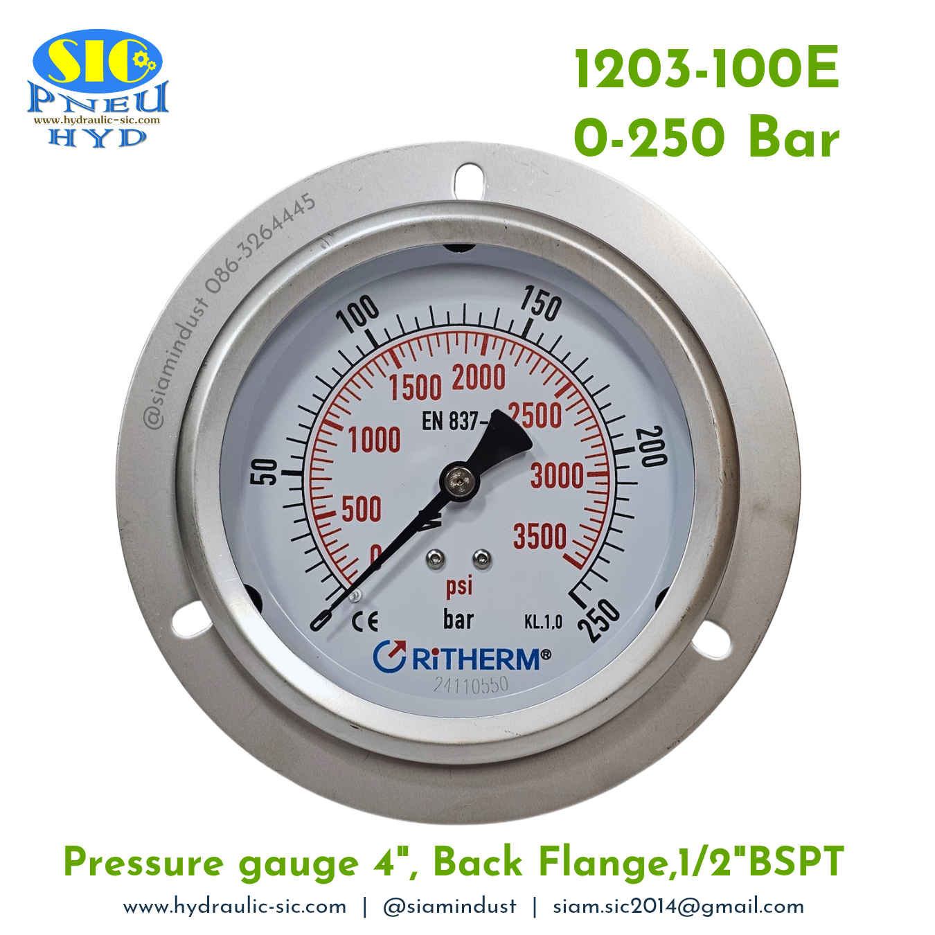 1203-100E Pressure Gauge เกจวัดแรงดันหน้าปัด 4" เกลียว 1/2" BSPT ออกหลังล่าง RiTHERM