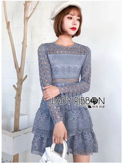 เดรสสั้นผ้าลูกไม้ทรงแขนยาว