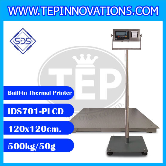 เครื่องชั่งพร้อมปริ้นเตอร์ในตัว ยี่ห้อ SDS รุ่น IDS701-PLCD-Thermal พิกัด 500kg ค่าละเอียด 50g ขนาดแท่น 120x120cm.