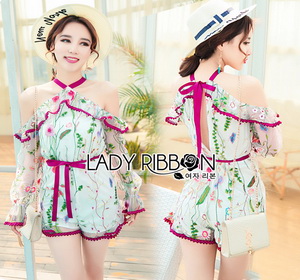 Lady Ribbon Embroidered Ruffle Tulle Playsuit