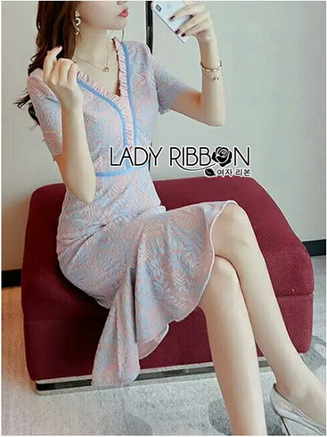 ชุดเดรสผ้าลูกไม้สีชมพูฟ้าพาสเทล