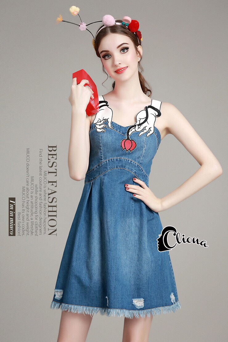 Lady Ribbon Online CN05090616 พร้อมส่ง Cliona Made' Marry Rose Hands Denim Sexy Dress