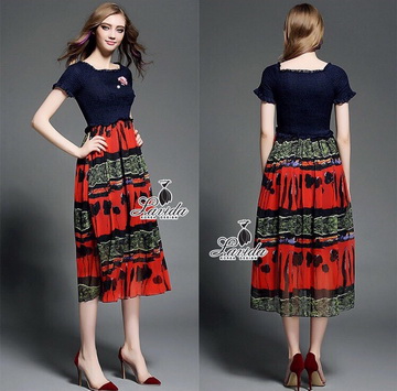 Lady Ribbon Online เสื้อผ้าออนไลน์ online ขายส่ง เลดี้ริบบอน Lavidaเสื้อผ้า LV10280716 🍭Korea Design By Lavida elegant stitching short sleeve floral decorated retro print maxi dress