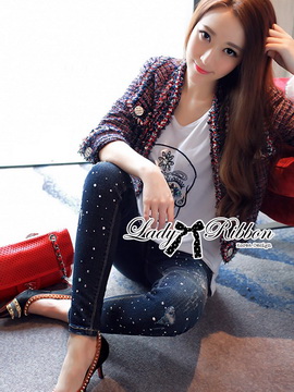 Lady Ribbon Online ขายส่งเสื้อผ้าออนไลน์ ขายส่งของแท้พร้อมส่ง Lady Ribbon LR17250716 🎀 Lady Ribbon's Made 🎀 Lady Kim Skinny Jeans with Crystal Embellished