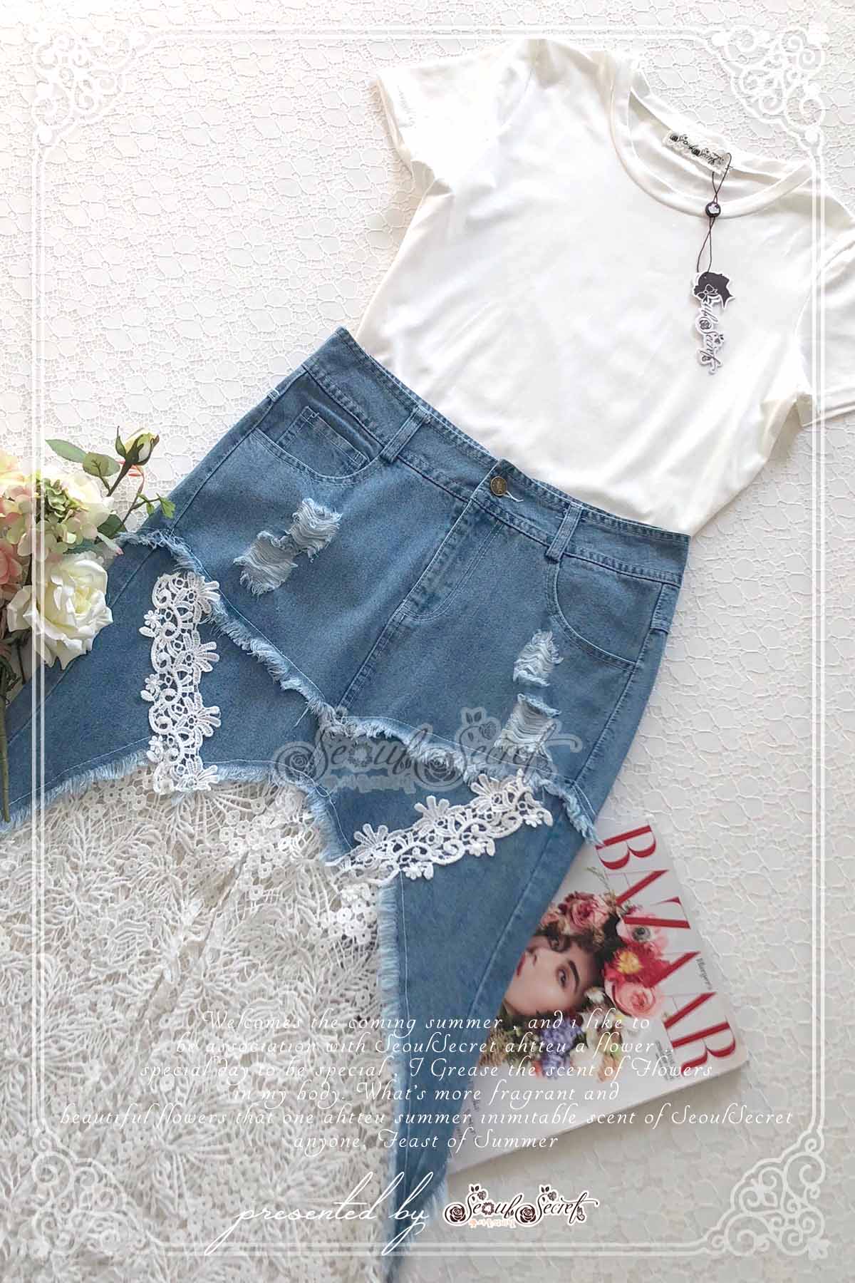 เซ็ทเสื้อยืดคอกลมใส่แมตซ์ชิลล์ๆ กับกระโปรงยีนส์ทรงสอบ