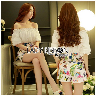 Lady Ribbon Online ขายส่ง เสื้อผ้าออนไลน์ ของแท้ LR18040716 🎀 Lady Ribbon's Made 🎀 Lady Cathy Off-Shoulder Chiffon with Butterfly Printed Playsuit
