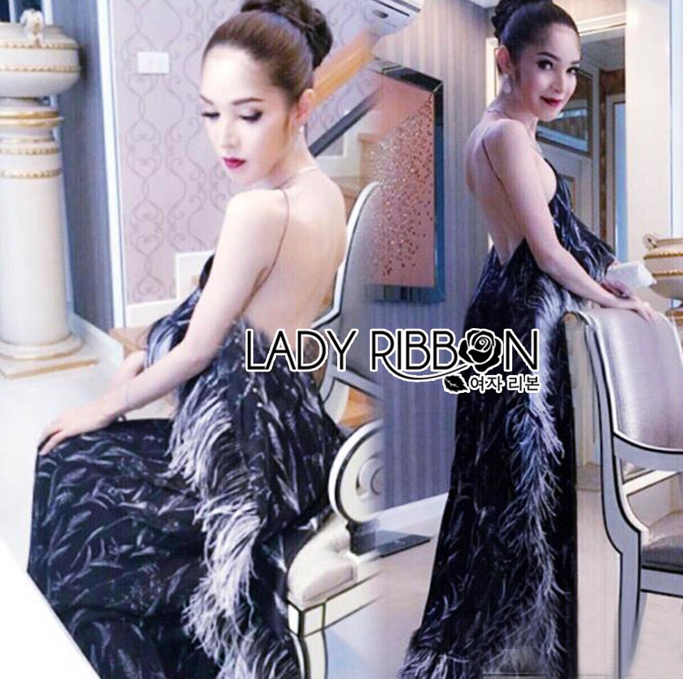 Lady Ribbon LR06230516 🎀 Lady Ribbon's Made 🎀 Lady Miranda Sexy Feather Print with Real Feather Maxi Dress