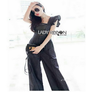 Lady Ribbon Denim Jumpsuit จัมป์สูทสีดำ