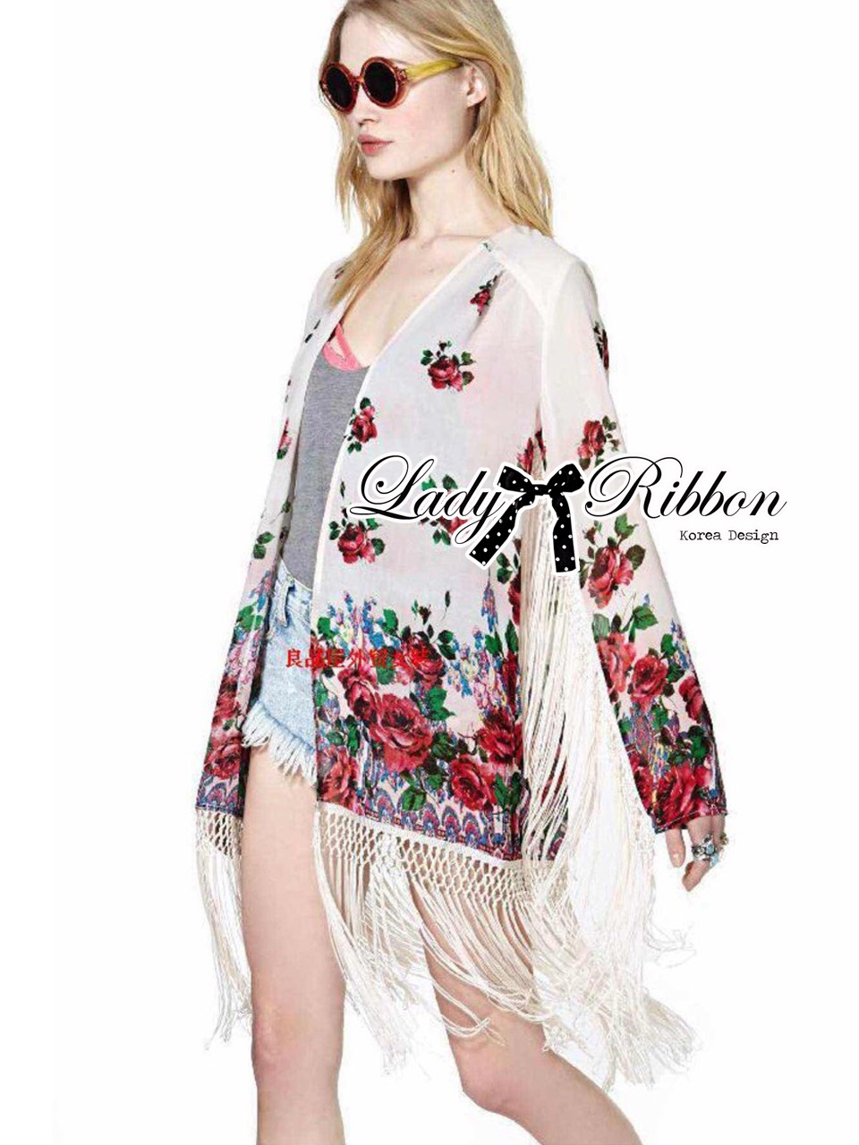 🎀 Lady Ribbon's Made 🎀 Lady Ria Hippy Floral Printed Fringe Outerwear เสื้อคลุมผ้าชีฟองพิมพ์ลายดอกไม้