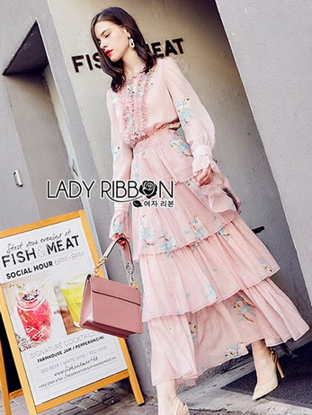 Lady Jill Printed Layered Pink Chiffon Dress