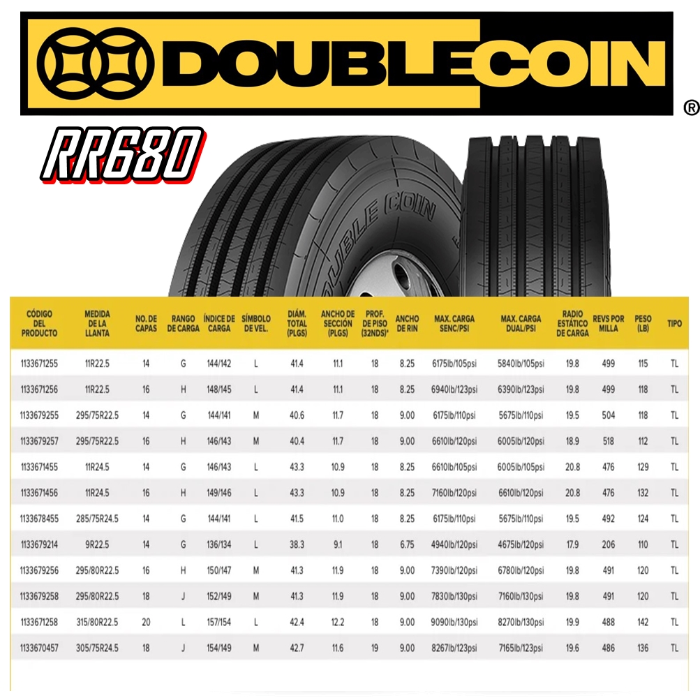 ยางรถบรรทุก เรเดียล ขนาด 11R22.5 รุ่น RR680 16PR ยี่ห้อ DOUBLE COIN