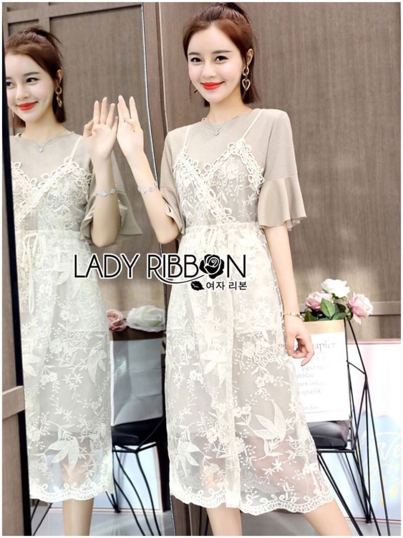 Lace Dress เดรสสายเดี่ยวผ้าลูกไม้ทับเสื้อแขนระบายสีนู้ด