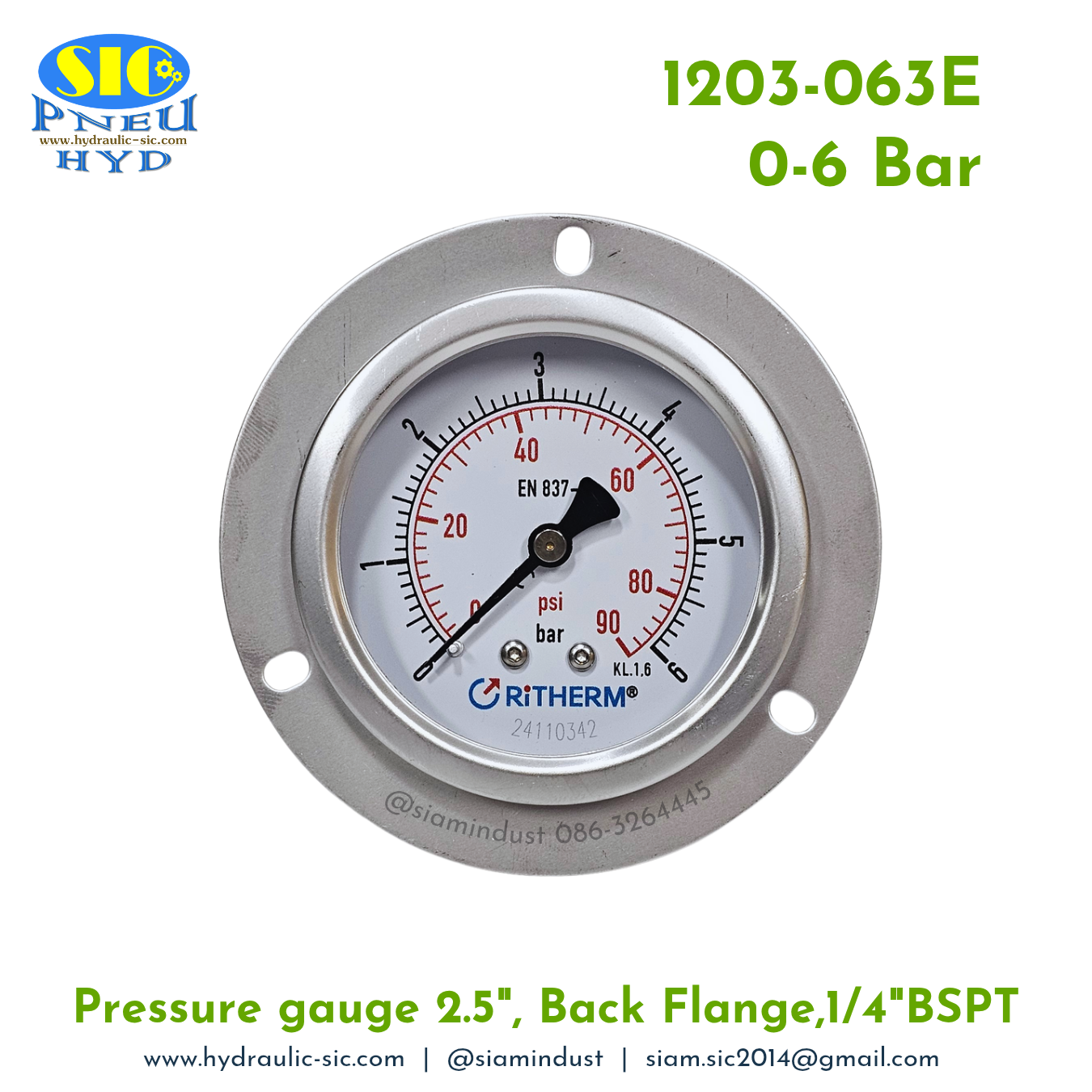 1203-063E Pressure Gauge เกจวัดแรงดันหน้าปัด 2.5" เกลียว 1/4" BSPT ออกหลัง RiTHERM