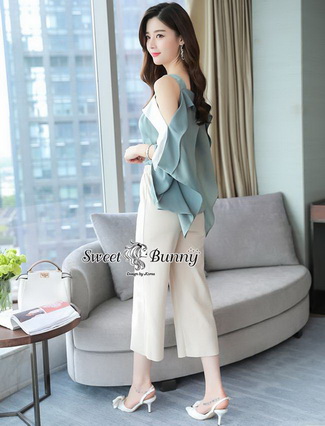 เซ็ทเสื้อ+กางเกงเกาหลีเสื้อผ้าไหมซาติน