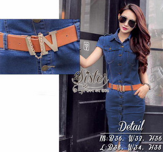 2Sister Made, Smart Elegant Jean Dress with Vintage Brown Belt เดรสยีนส์ ผ้าเดนิมเนื้อนิ่ม