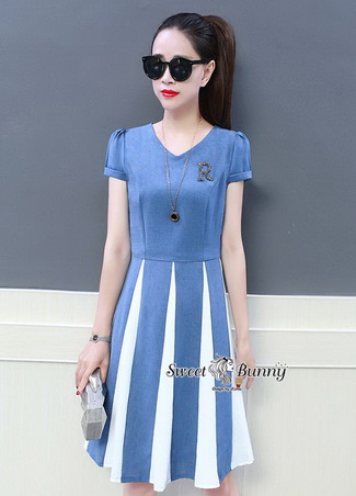 ชุดเดรสเกาหลีผ้าพื้นสีชมพู,สีเหลืองสีฟ้า