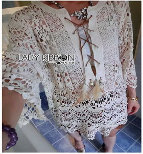 Summer Style White Crochet Dress Lady Ribbon เดรสผ้าถักโครเชต์