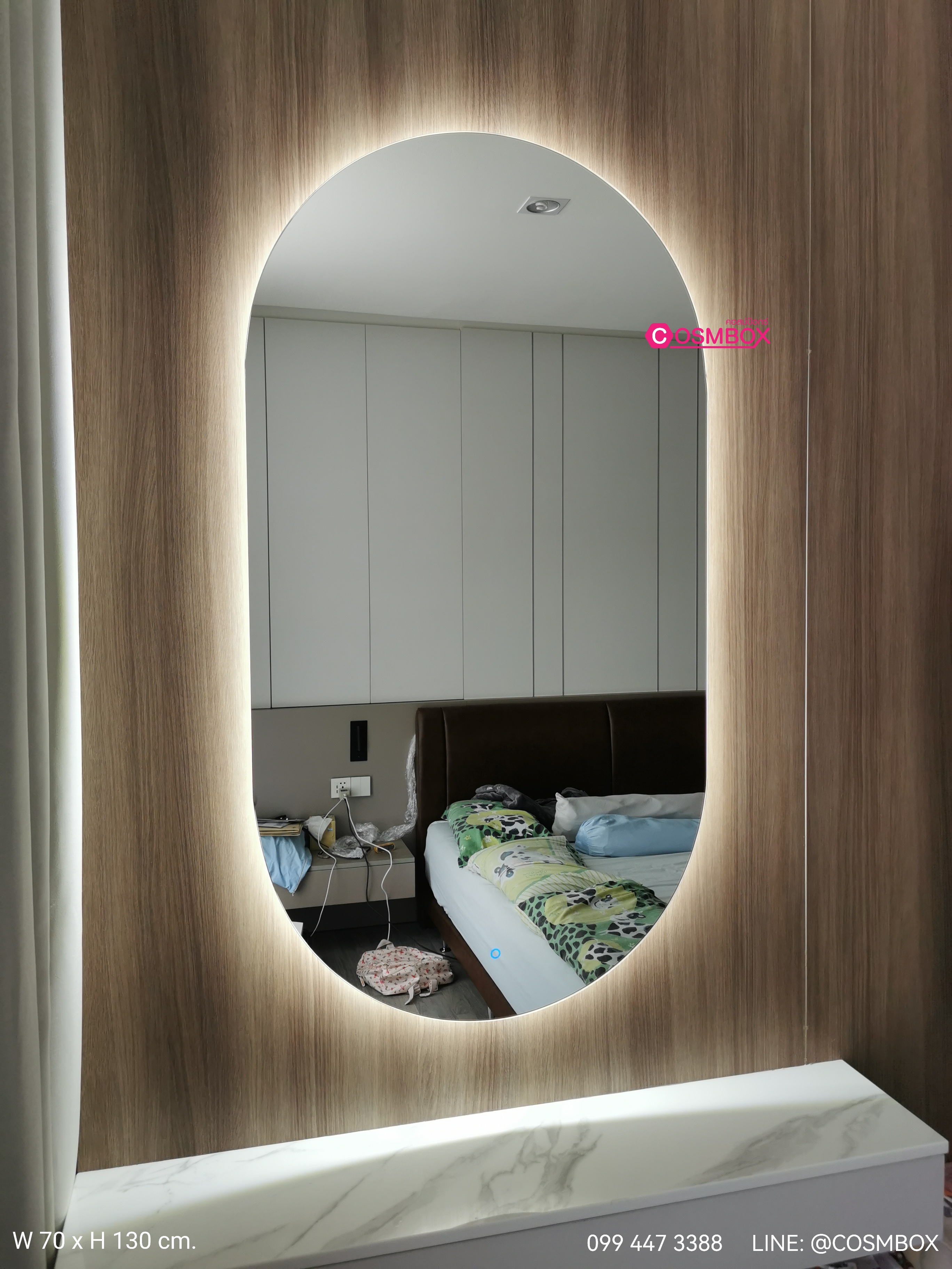 กระจกมีไฟ เรืองออกด้านหลัง (ซ่อนไฟ) - ทรงแคปซูล 70 x 130 ซม. ไร้กรอบ