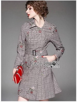 Lady Anna Flower Embroidered Houndstooth Coat Dress