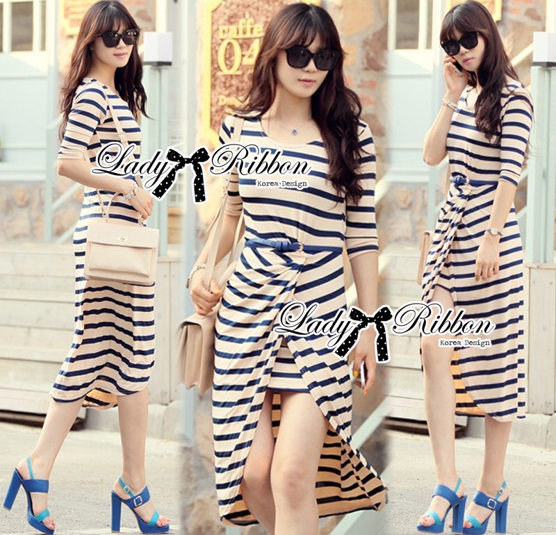 เสื้อผ้า Lady Ribbon dressMade 🎀 Jersey Stripe Slip Dress เดรสผ้ายืดลายขวาง เก๋ๆด้วยดีเทลกระโปรงไข้วทรงหน้าสั้นหลังยาว แอบเปรี้ยวเบาๆ Smart&Casual ลุคชิคๆแบบสาวเกาหลีค่ะ **งาน Premium Quality " ป้าย" Lady Ribbon