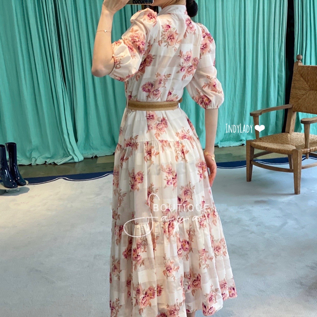 Dress ยาวแขนสั้น พิมพ์ลาย