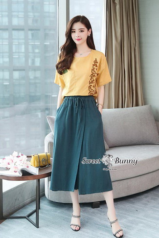 เสื้อกางเกงเกาหลีเสื้อผ้าทอสีเหลือง