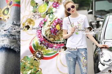 Lady Ribbon Online ขายส่ง เสื้อผ้าออนไลน์ ของแท้ SS20040716 Seoul Secret Say's... Carriage Sequinny&Print Denim Set