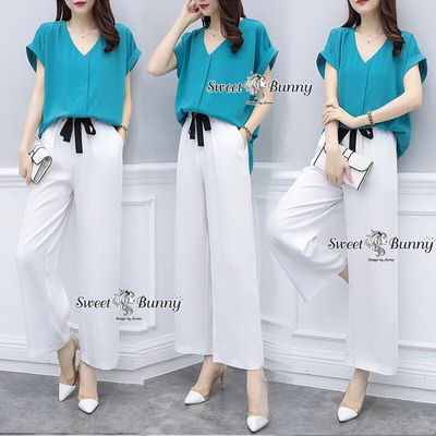 ชุดเซ็ทเสื้อกางเกงงานเกาหลีเสื้อผ้าสีพื้น