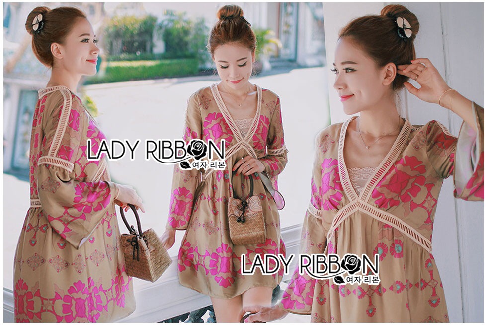 Lady Ribbon Online LR15060616 🎀 Lady Ribbon's Made 🎀 Lady Chloe Sweet Feminine Graphic Pink Floral Printed Dress เ