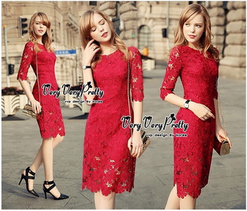 Lady Ribbon Online เสื้อผ้าแฟชั่นออนไลน์ขายส่ง เลดี้ริบบอนของแท้พร้อมส่ง Veryverypreppy เสื้อผ้า VP03240716 Luxurious Classic Floral Lace Dress