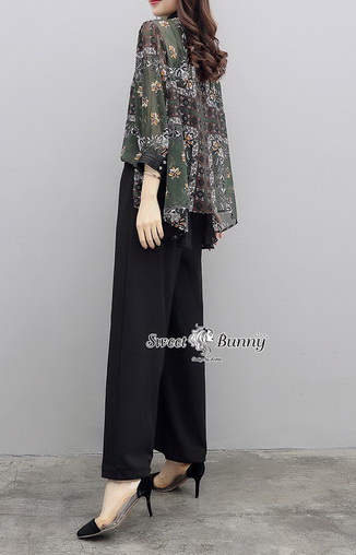 เสื้อผ้าชีฟองลอยดอกสีเขียวสวยหวาน