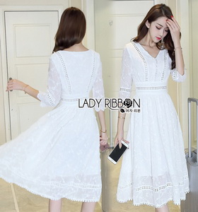 Lady Ribbon Embroidered and Embellished White Crepe Dress