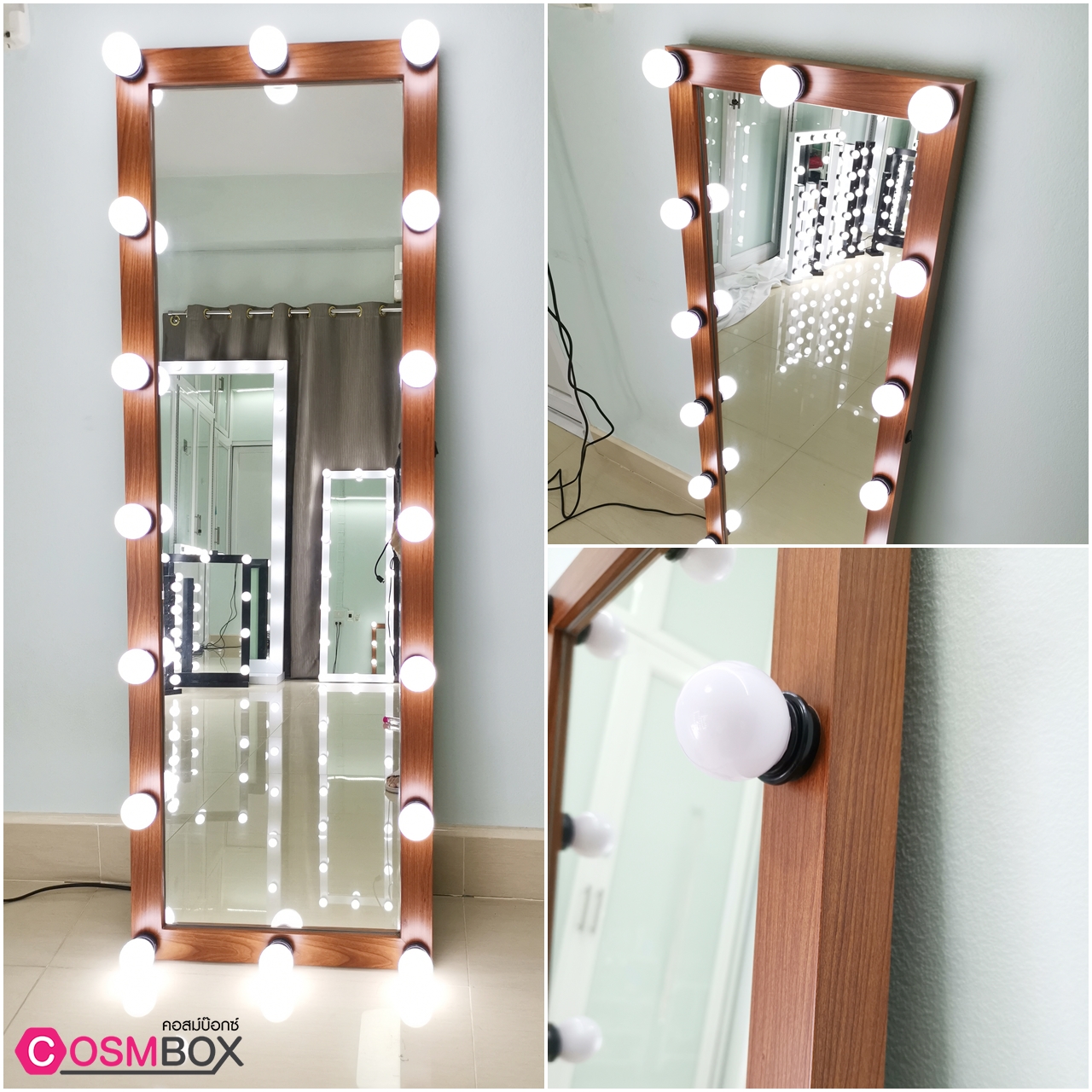 กระจกแต่งหน้ามีไฟ กระจกส่องตัว กระจกมีไฟ - 43x126cm. (รุ่นแขวนติดผนัง) ลายไม้