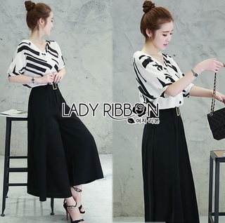 Lady Ribbon Online เสื้อผ้าพร้อมส่ง พร้อมส่งเลดี้ริบบอน LR20080816 🎀 Lady Ribbon's Made 🎀 Breton stripe & Kyros high waist pant with belt. เซ็ตเสื้อแขนสั้น