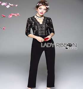 Lady Ribbon Black Lace Jumpsuit จัมป์สูทขายาว