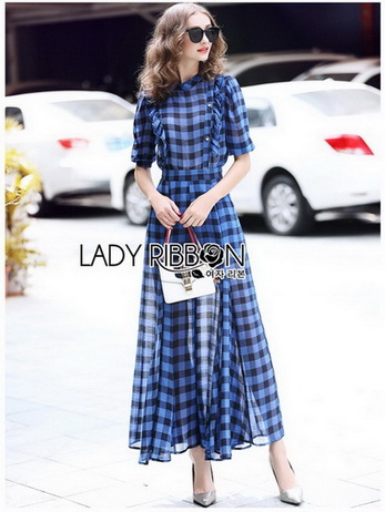 เสื้อตกแต่งระบายและกางเกงลายตารางสีน้ำเงิน-ดำ