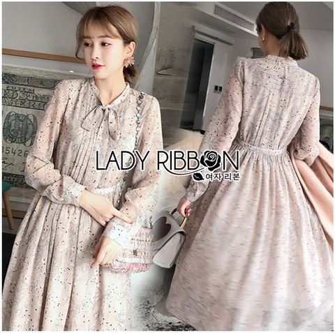Dress with Ribbon เดรสผ้าชีฟองพิมพ์ลายตกแต่งริบบิ้นสไตล์ว์นเทจ