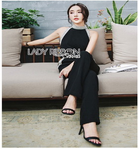 Lady Ribbon Smart Casual Pearl Black Jumpsuit ขายส่งจัมป์สูท
