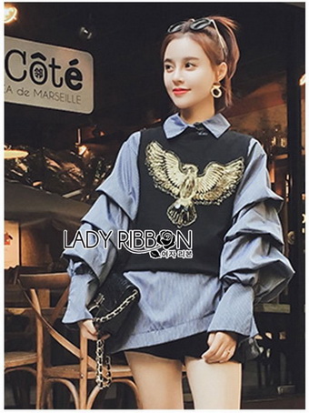 Layered-Sleeve Lady Ribbon Striped Shirt