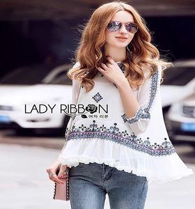 Lady ribbon Grace Feminine White Chiffon Ruffle Blouse