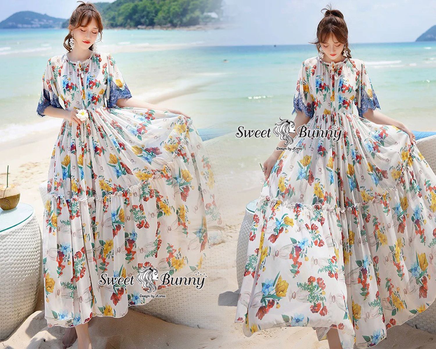 เดรสยาวคอกลมผูกโบว์แขนเสื้อระบายกว้าง