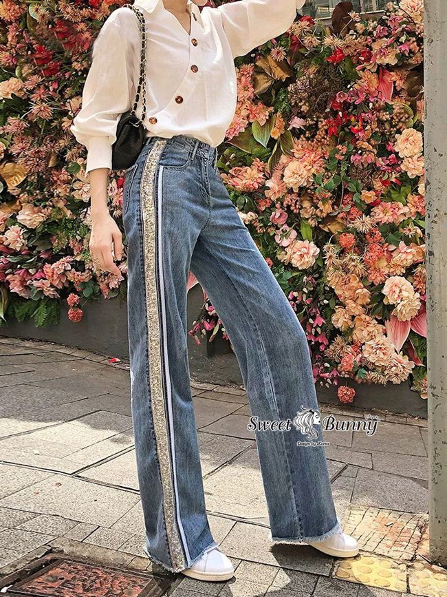 กางเกงยีนส์ทรงเอวสูงขากระบอกตรง ใส่แบบทรงสไตล์ปล่อย