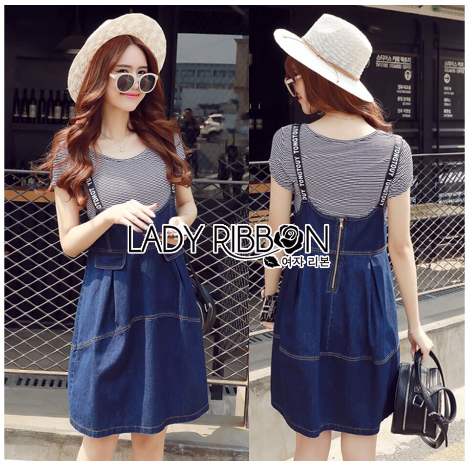 Lady Ribbon Online LR21130616 🎀 Lady Ribbon's Made 🎀 Lady Alexa Street Chic Striped T-Shirt with Denim Overall Dress