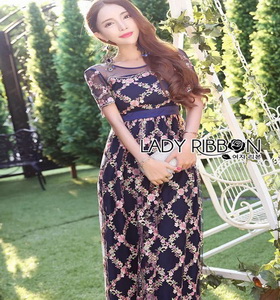 Lady Ribbon Pink Flower Embroidered Navy Tulle Maxi Dress