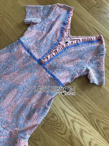 ชุดเดรสผ้าลูกไม้สีชมพูฟ้าพาสเทล