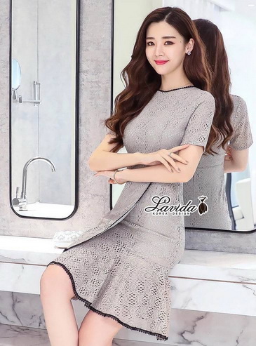 dress เดรสลูกไม้ทอลายสวย ทรงแขนสั้นชายกระโปรงระบายหวาน