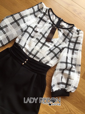 Lady Ribbon Online ขายส่งเสื้อผ้าออนไลน์ของแท้ LR19300616 🎀 Lady Ribbon's Made 🎀 Lady Kim Smart Casual Check Embroidered Playsuit