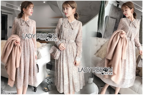 Dress with Ribbon เดรสผ้าชีฟองพิมพ์ลายตกแต่งริบบิ้นสไตล์ว์นเทจ